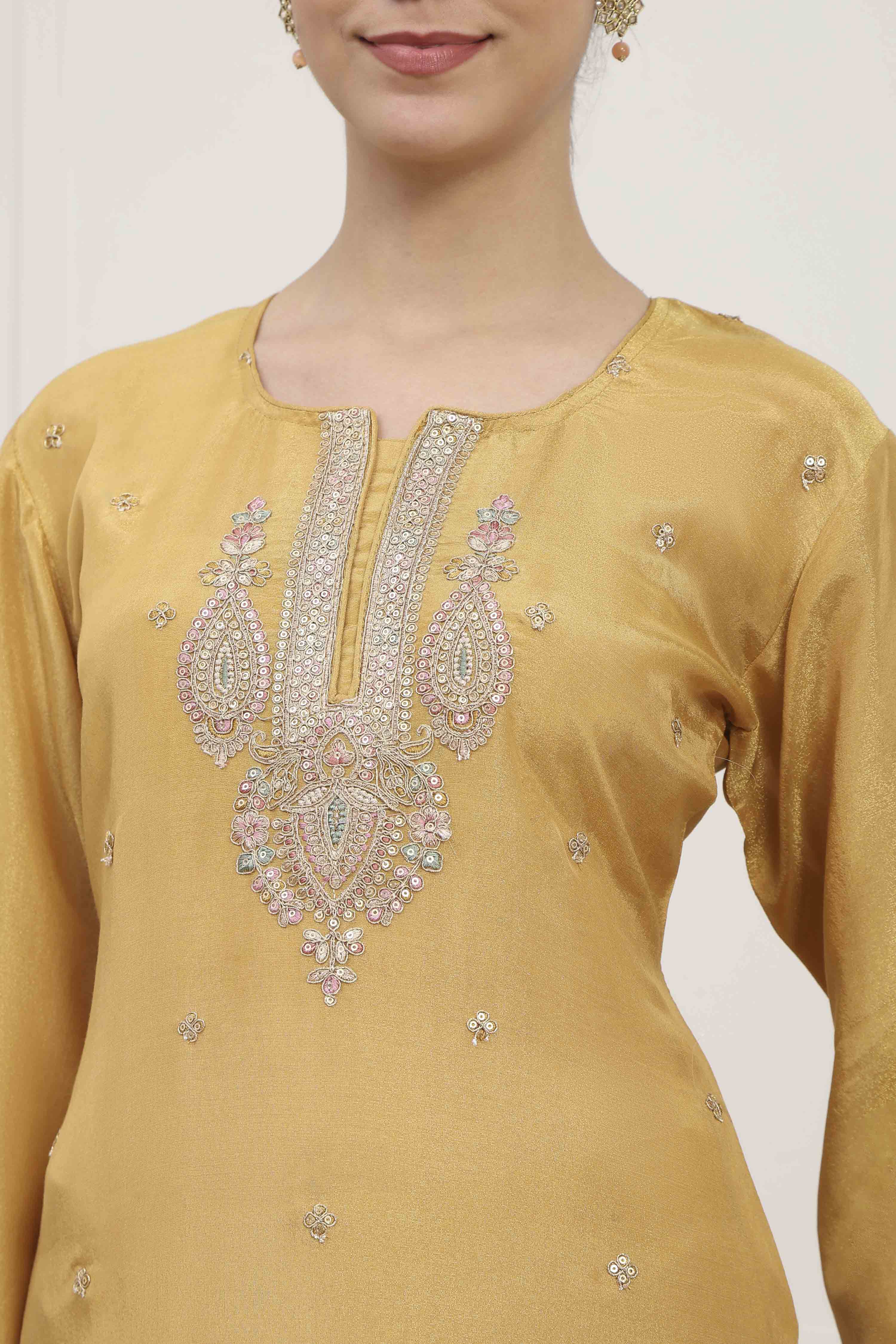 Mustard Silk Blend Machine Embroidered Unstitched Suit Set image number 2