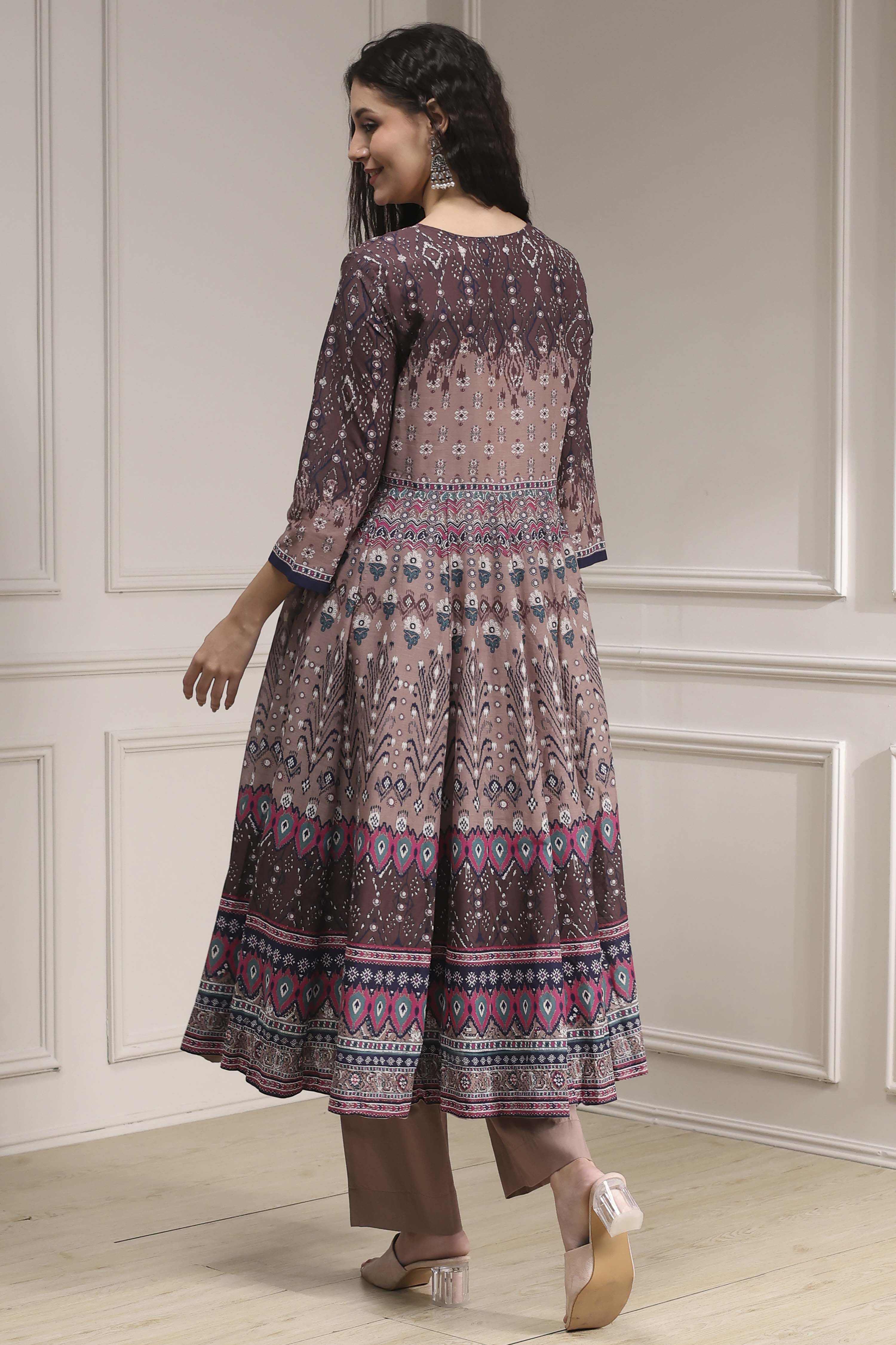 Mud Brown Cotton Printed Anarkali Suit Set image number 4