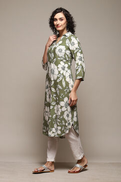 Olive Green LIVA Straight Printed Kurta image number 2