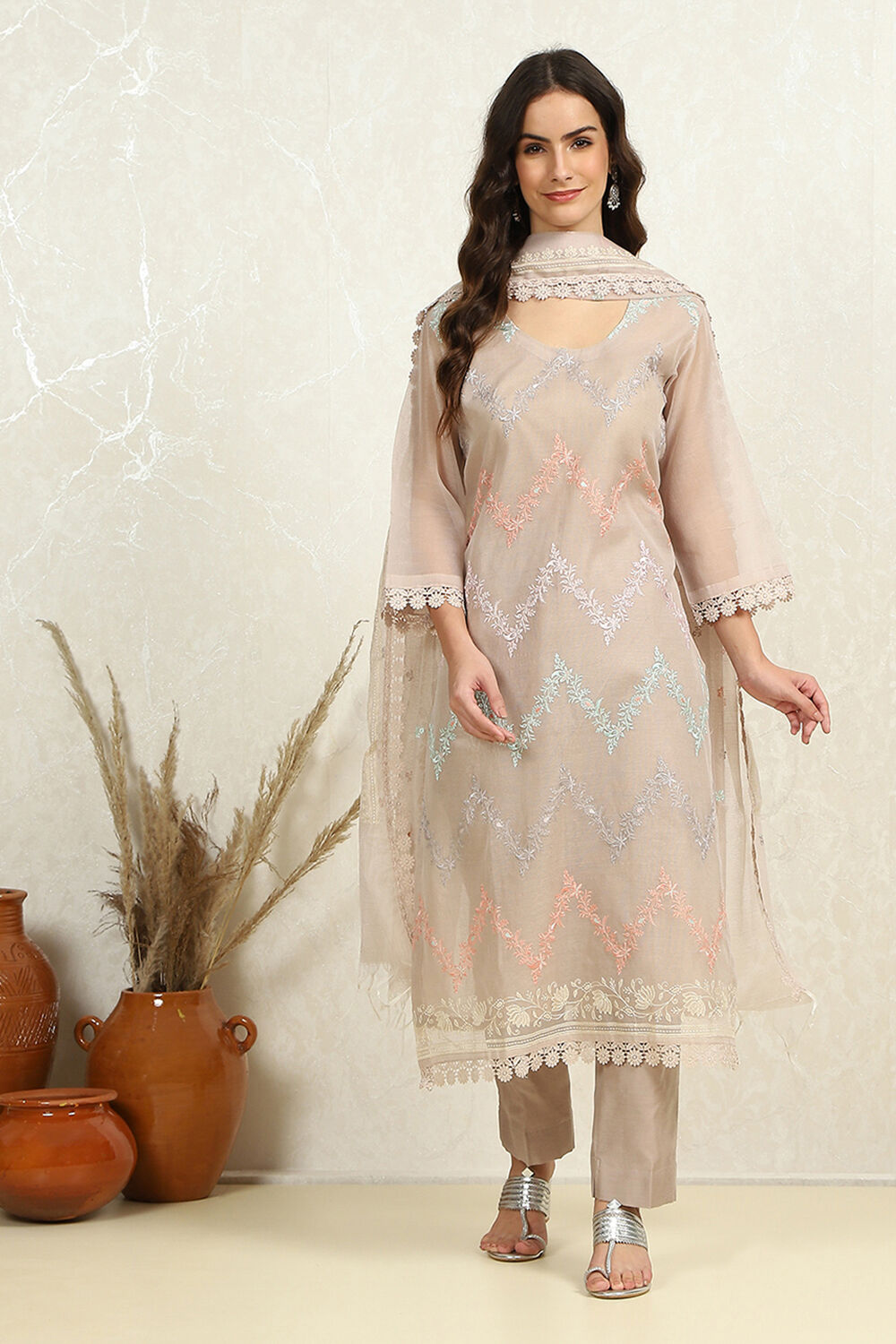 Peach-Coloured Floral Embroidered Unstitched Suit Set image number 5