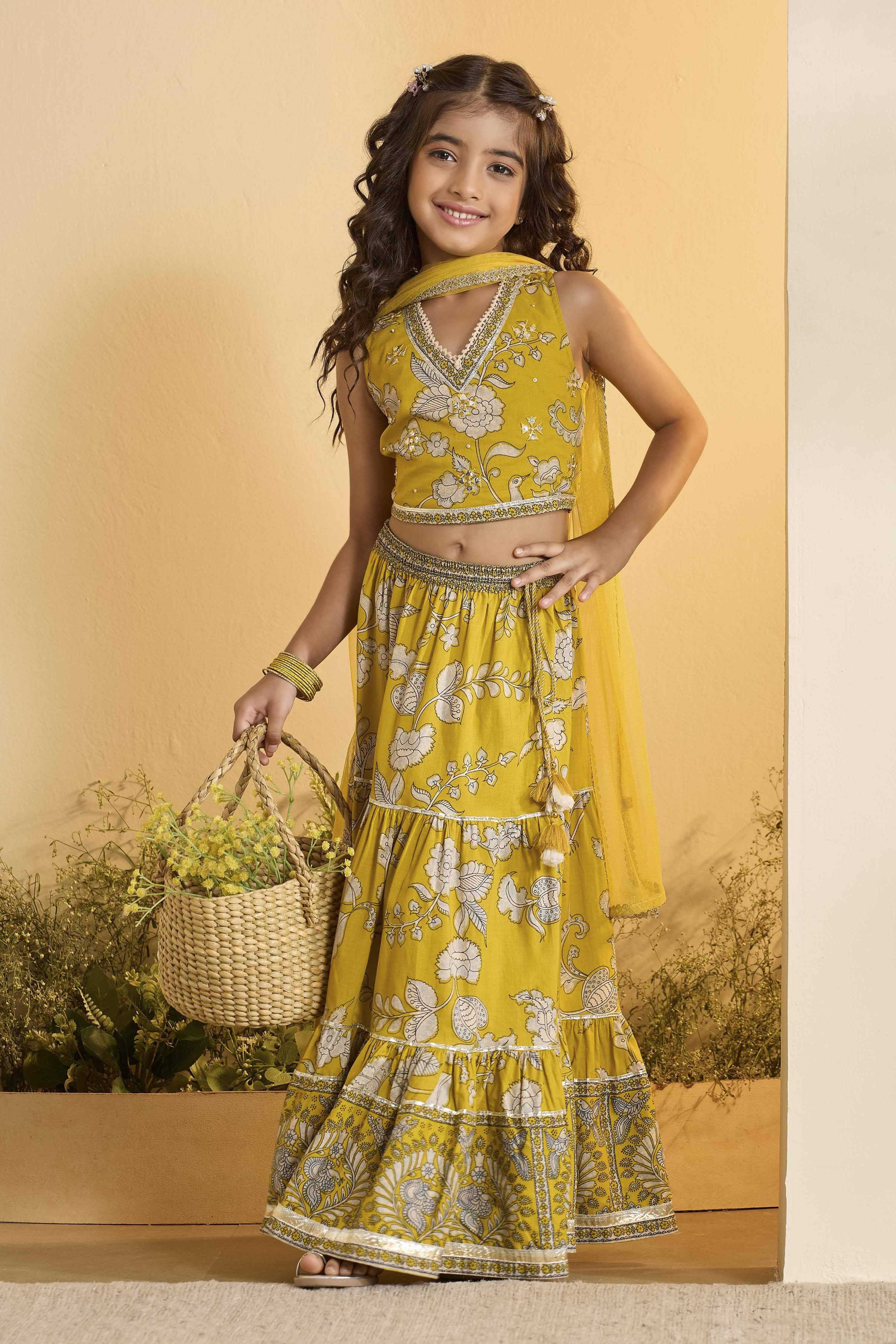 Yellow Cotton Floral Gathered Lehenga Set image number 0