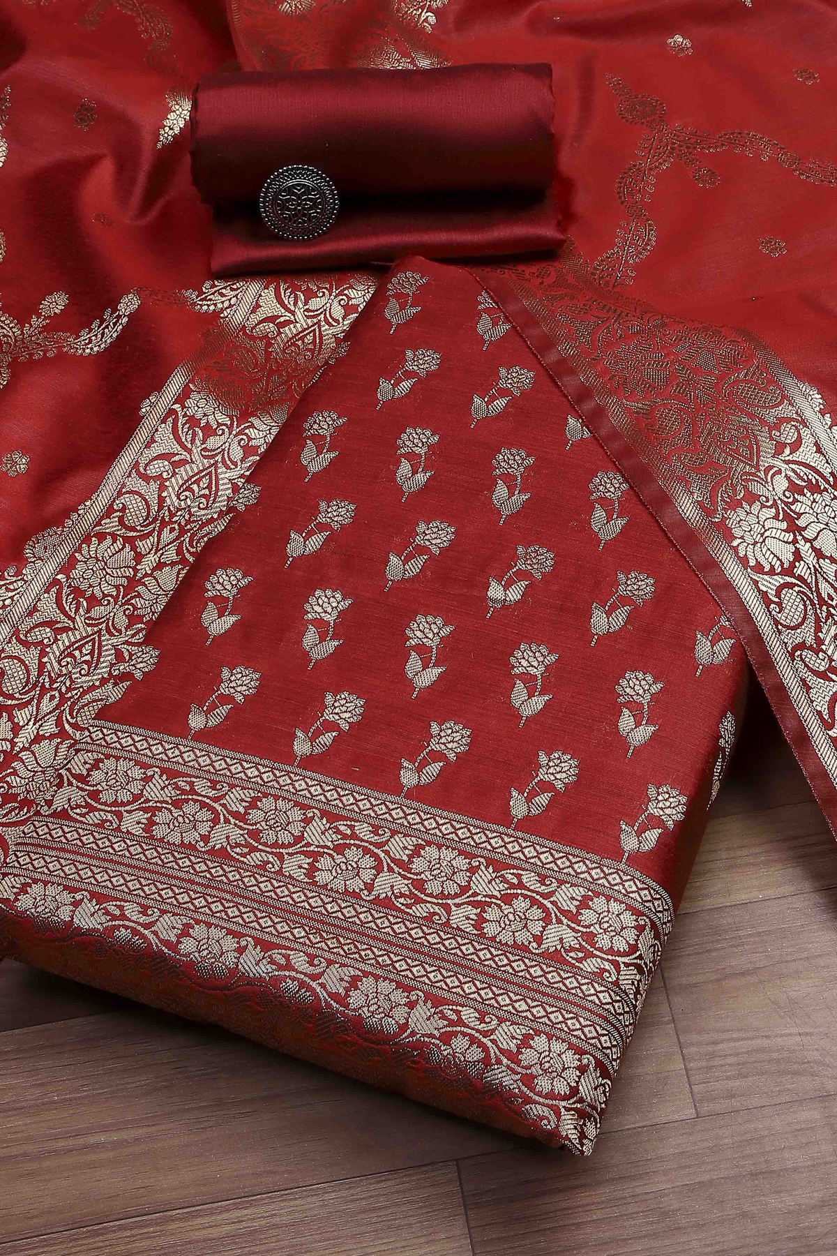 Maroon Cotton Printed Embroidered Unstitched Suit Set