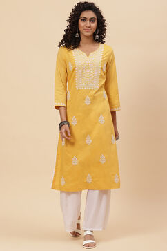 Yellow Cotton Straight Embroidered Kurta image number 0