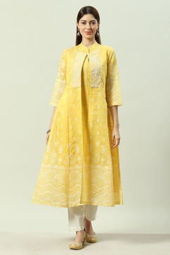 Yellow Art Silk Flared Printed Kurta with Jacket image number 0