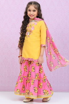 Yellow & Violet Art Silk Straight Kurta Garara Suit Set image number 5