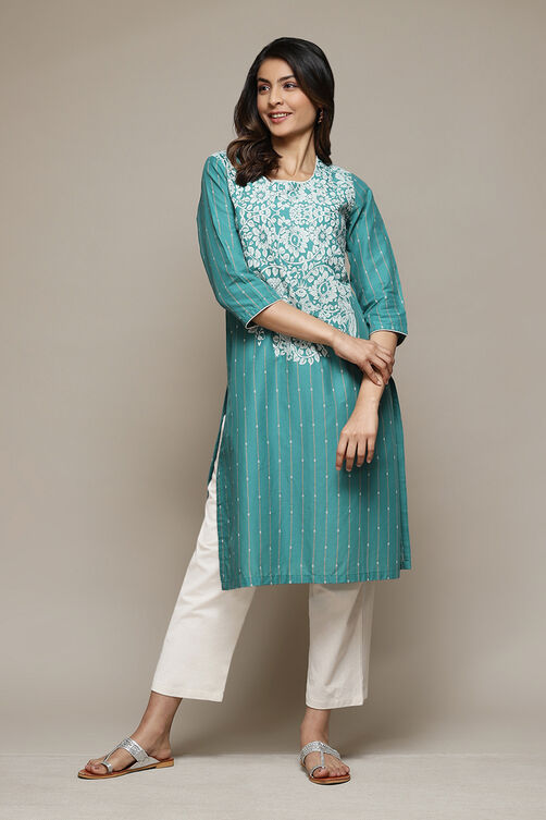 Green Cotton Straight Printed Kurta image number 0