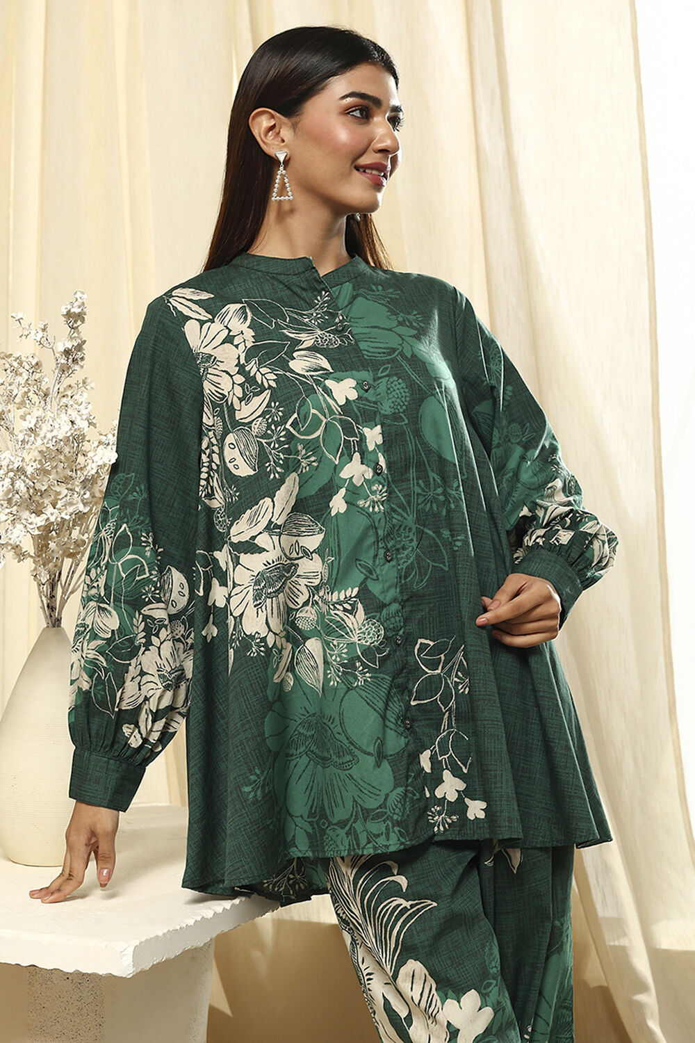 Green Cotton Floral Printed Co-ord Set image number 1