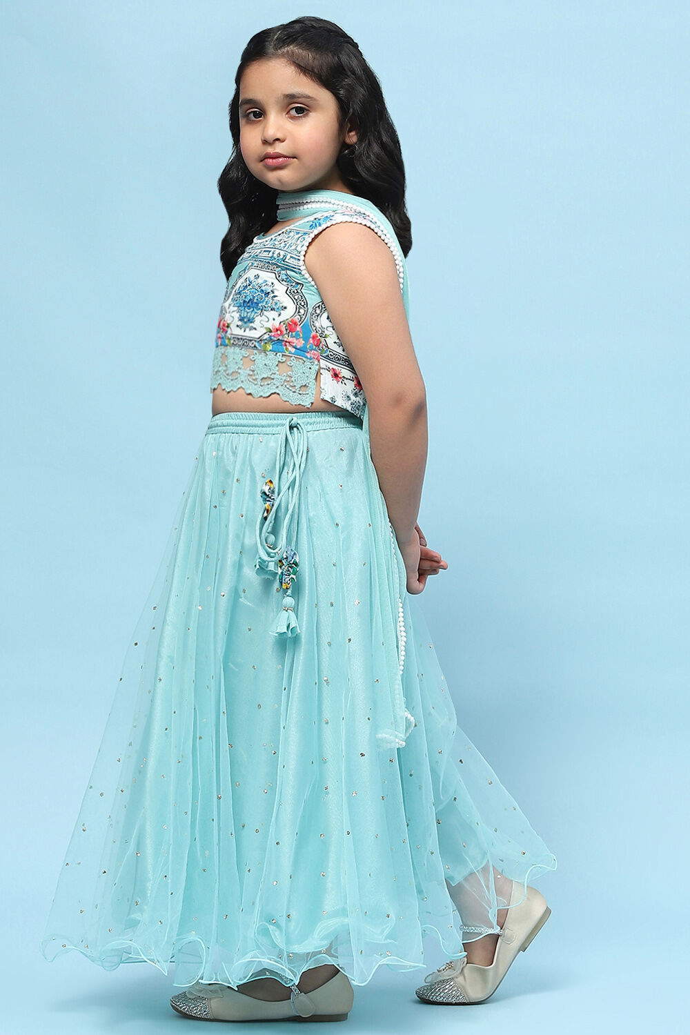 Sea Green Cotton Printed and Glittered Lehenga Set image number 4