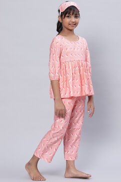 Blush Pink Straight Cotton Three Piece Printed Sleepwear Set image number 5