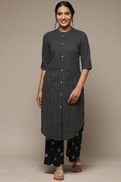 Black Cotton Straight Kurta Pants Suit Set image number 6