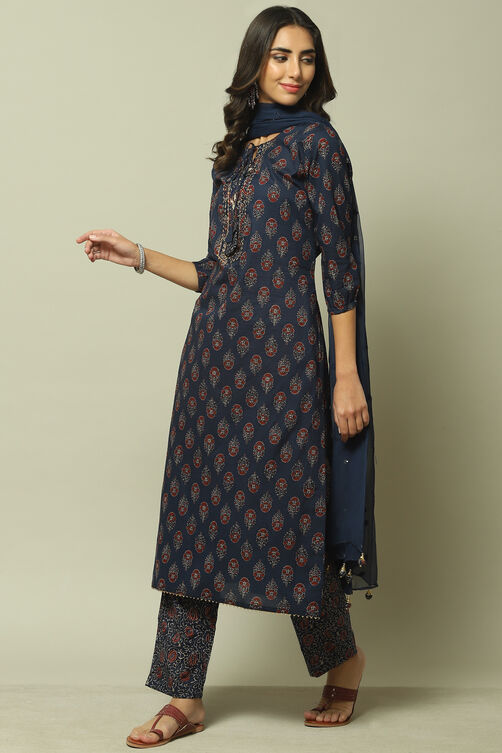 Indigo Cotton Hand Block Print Unstitched Suit Set image number 3