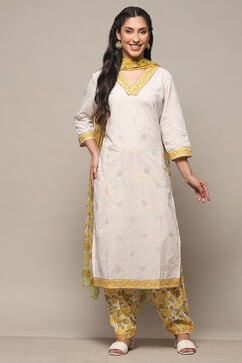Yellow White Cotton Unstitched Suit set image number 8