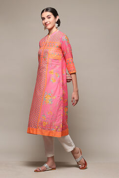 Pink Cotton Straight Printed Kurta image number 2