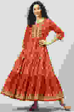 Rust Cotton Flared Fusion Printed Dress image number 5