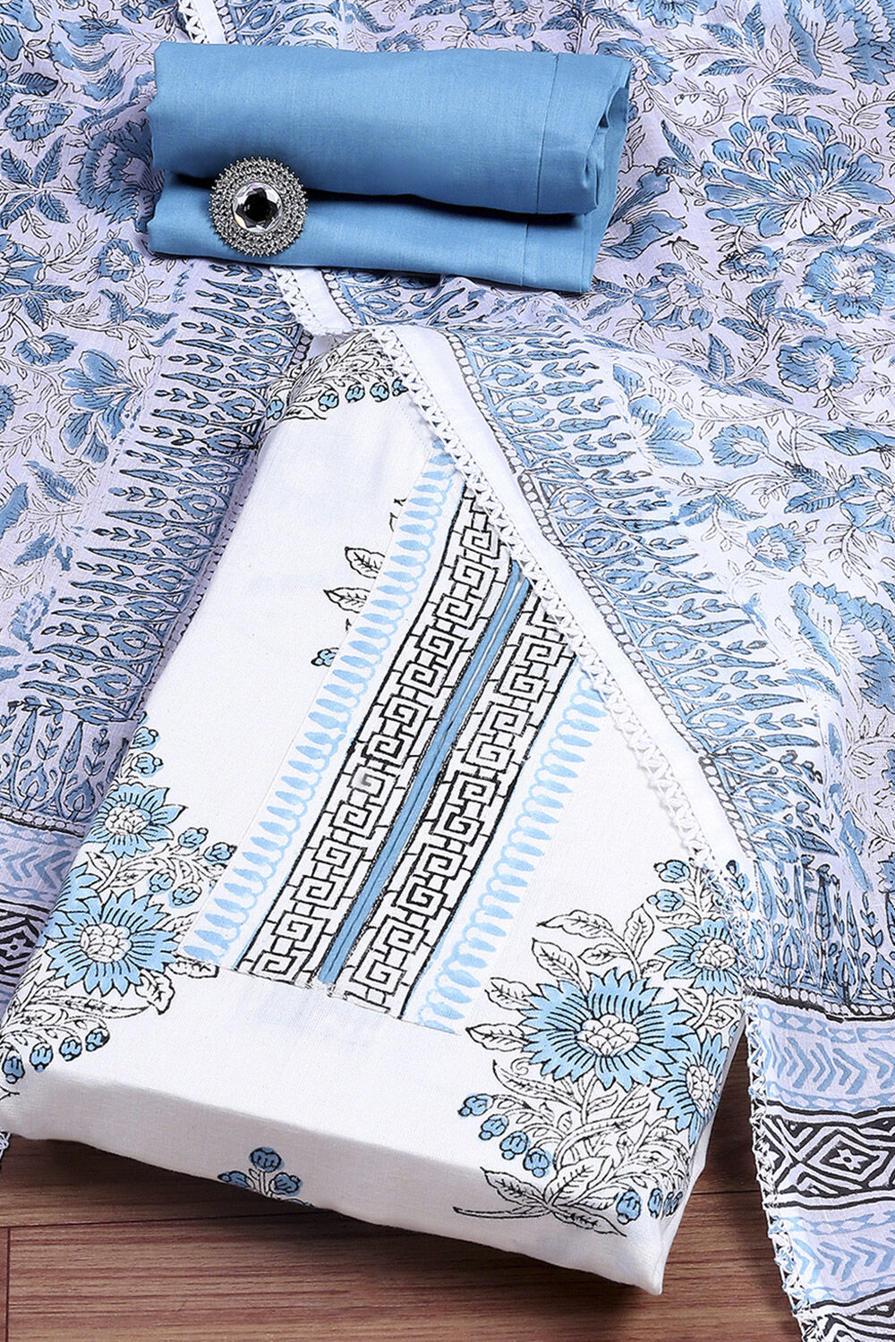 White Cotton Unstitched Suit Set image number 0