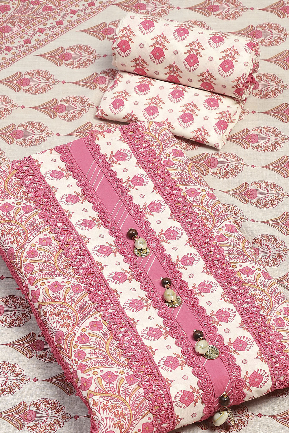 Pink Cotton Unstitched Suit Set image number 5