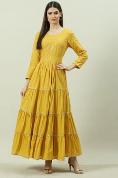 Mustard Cotton Flared Printed Dress image number 5