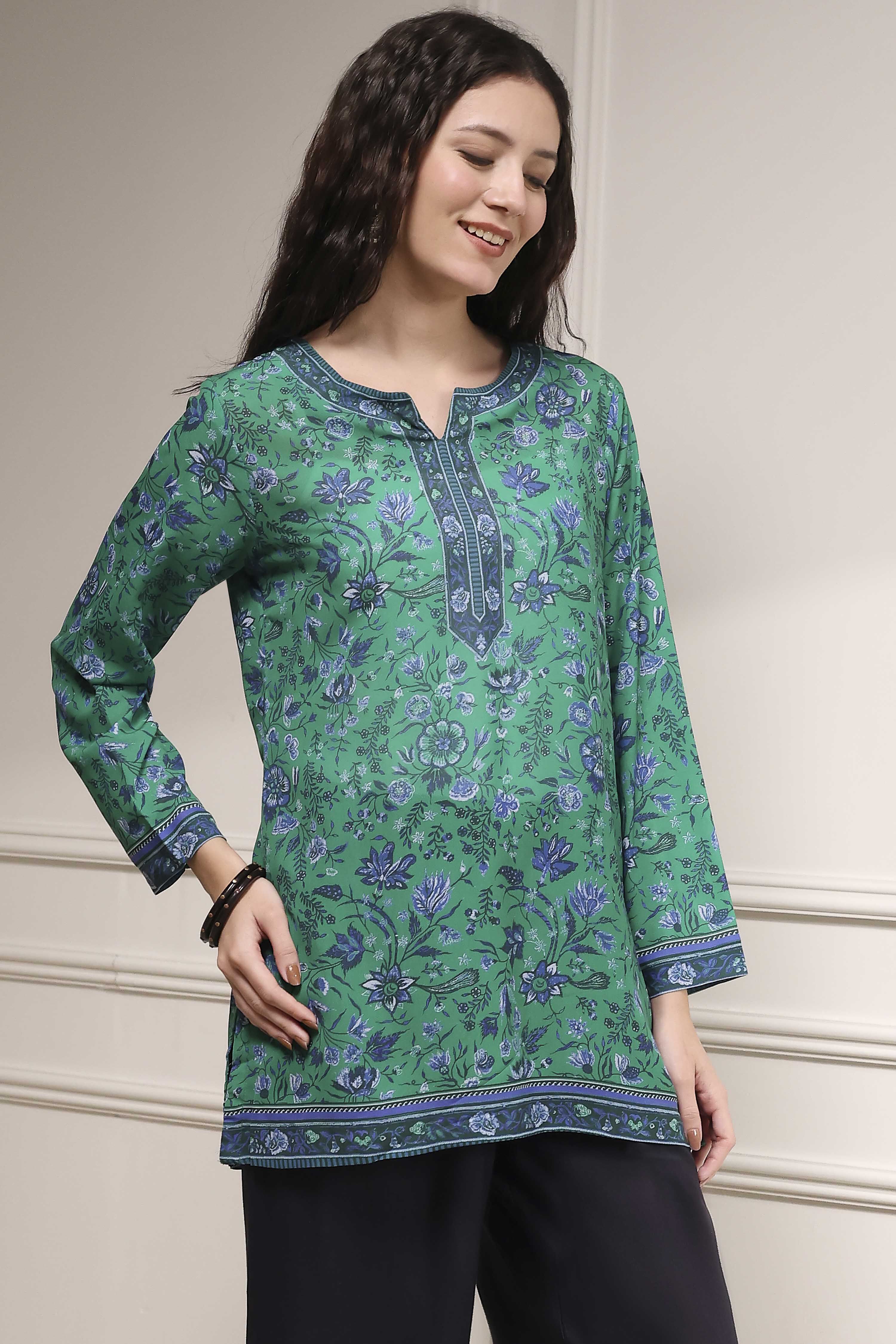 Turquoise Polyester Straight Printed Short Kurta image number 4