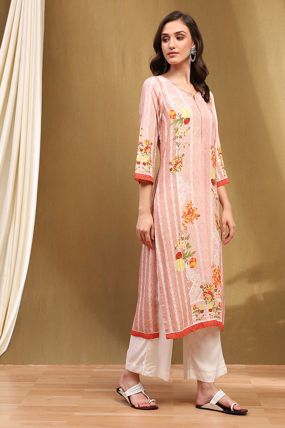 Grey Floral Block-Printed Regular Fit Straight Kurta image number 4