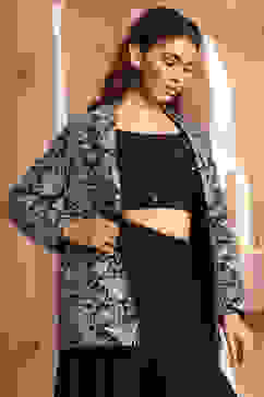 Black Poly Georgette Fitted Embroidered Fusion Set image number 1