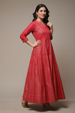 Red Cotton Straight Printed Dress image number 4