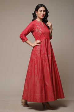 Red Cotton Straight Printed Dress image number 4
