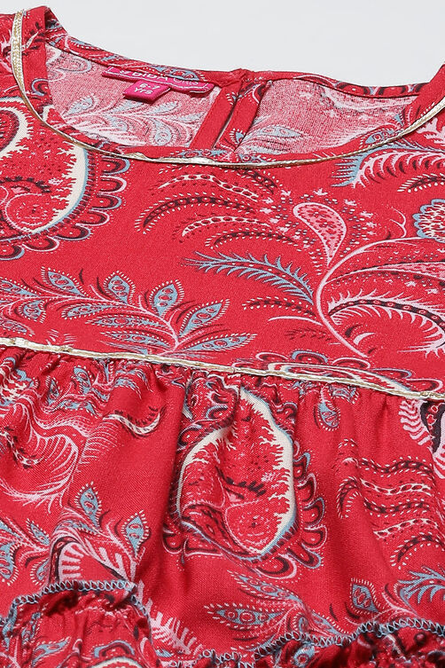 Red Rayon Tiered Printed Kurta Dress image number 1