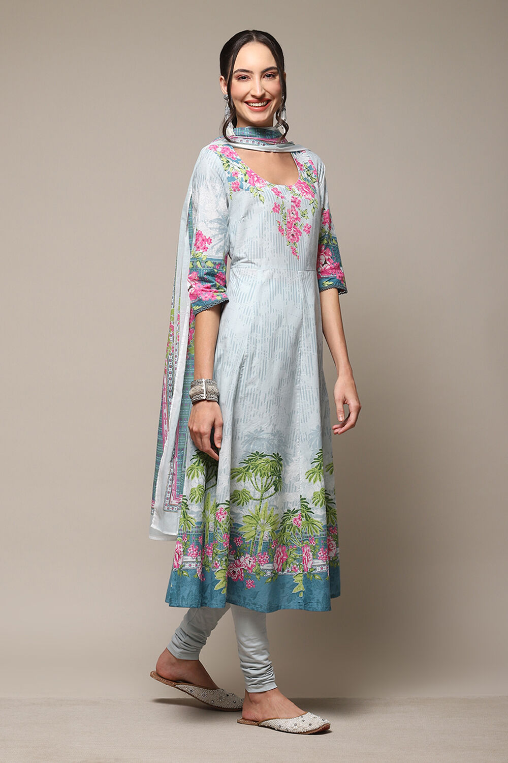 Powder Blue Cotton Anarkali Suit Set image number 6