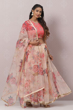 Coral Cream Poly Cotton Lehenga Set image number 6