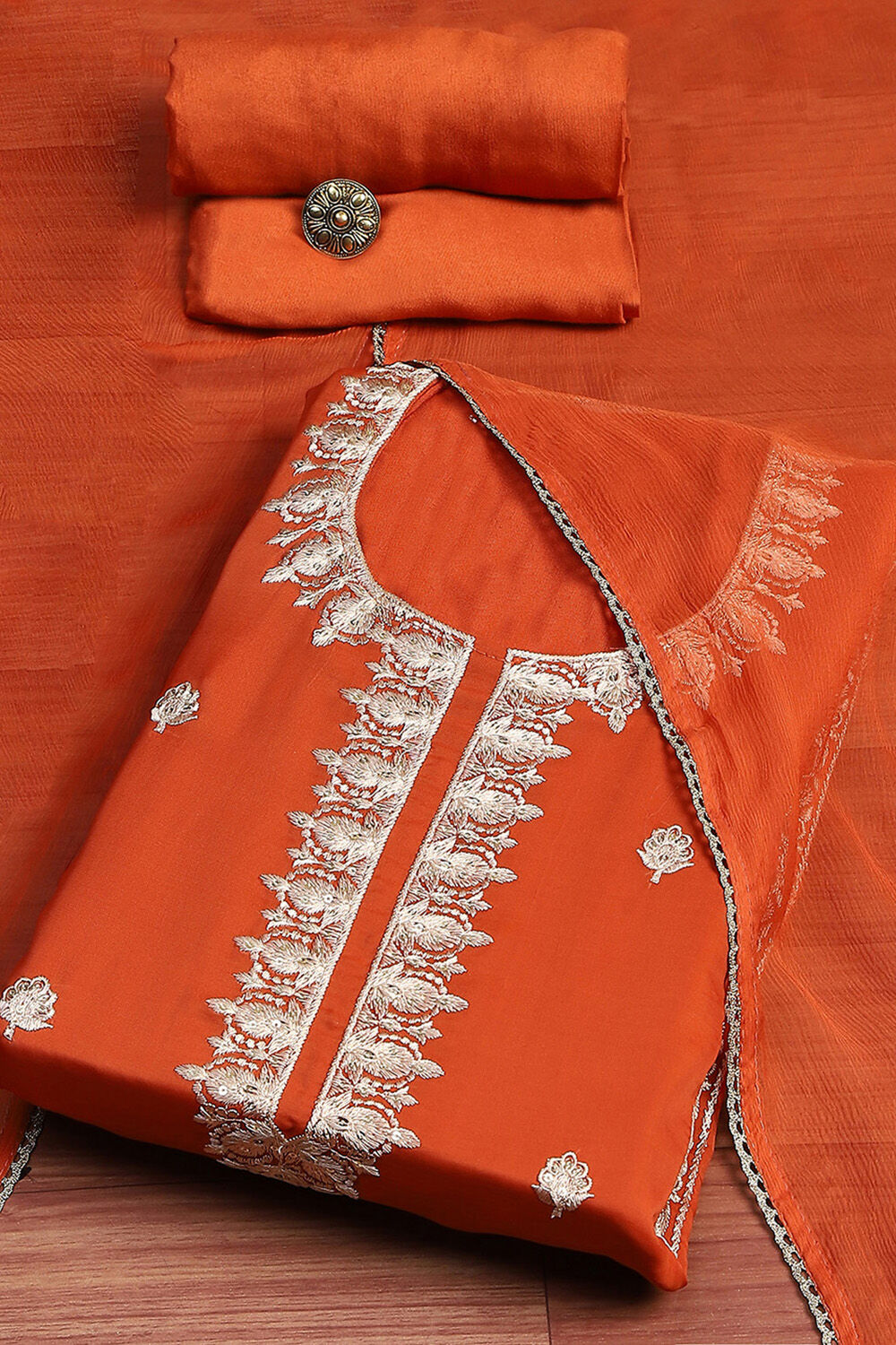 Mustard Organza Machine Embroidered Unstitched Suit Set image number 0