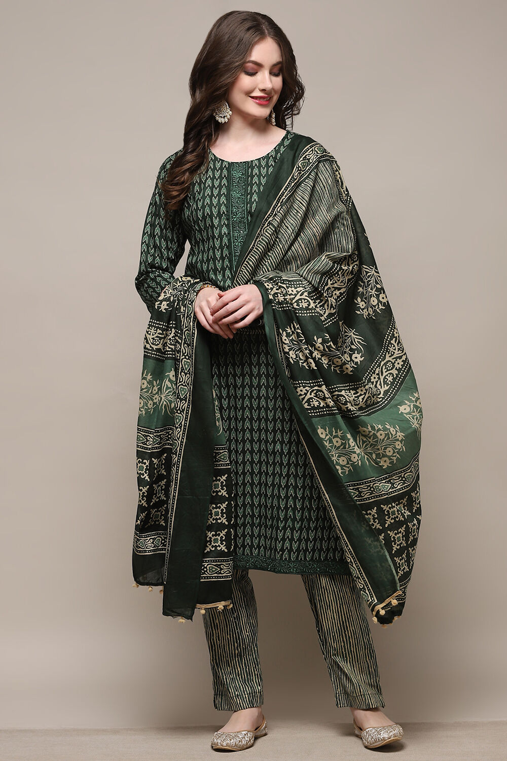 Green Cotton Screen Printed Unstitched Suit Set image number 1