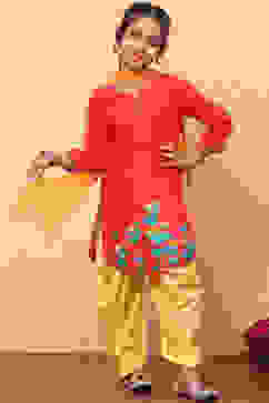 Red and Yellow Cotton Printed Straight Suit Set image number 6