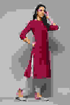 Berry Poly Viscose Straight Yarndyed Kurta image number 3