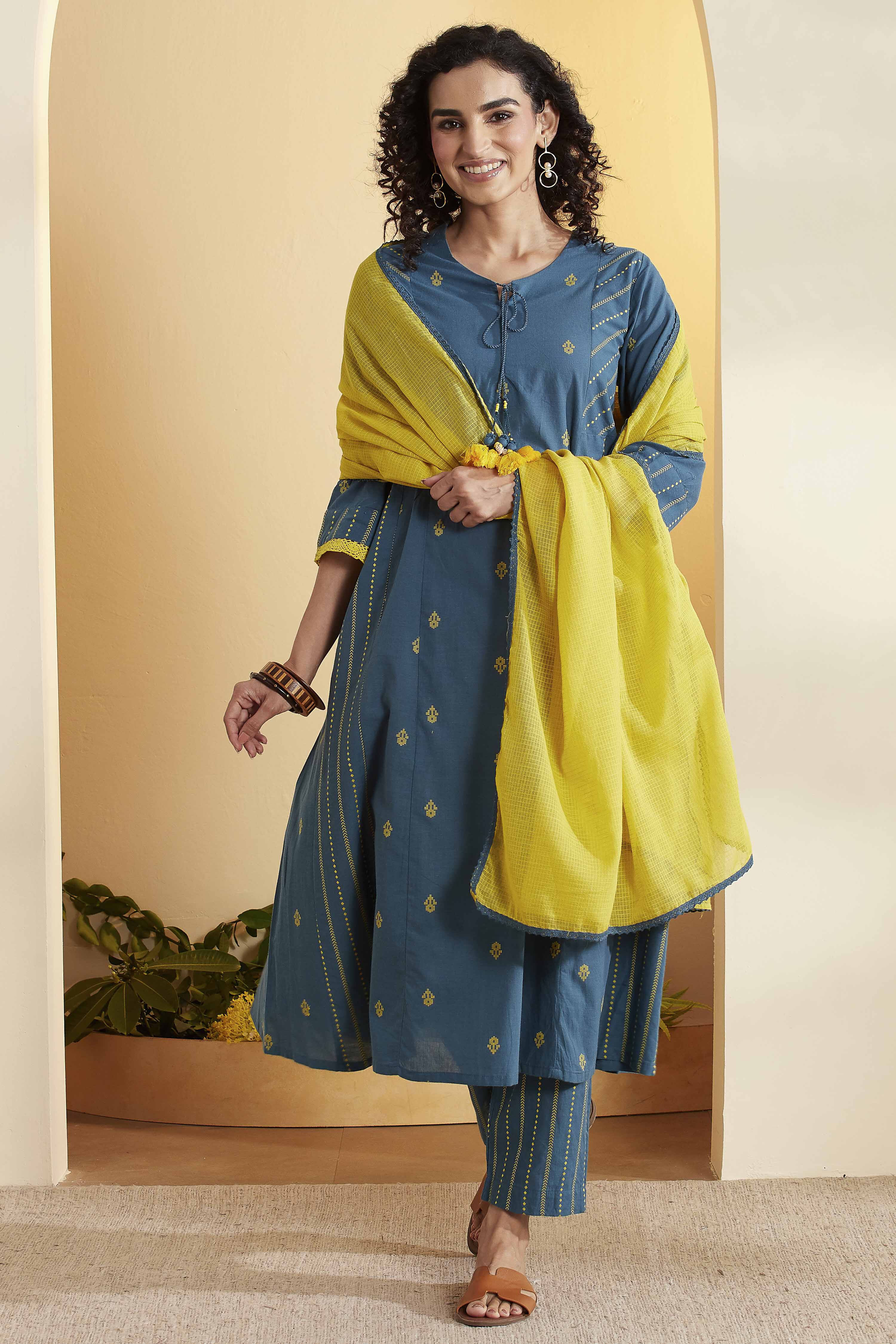 Lime Green Yarndyed Straight Cotton Kurta Set image number 0