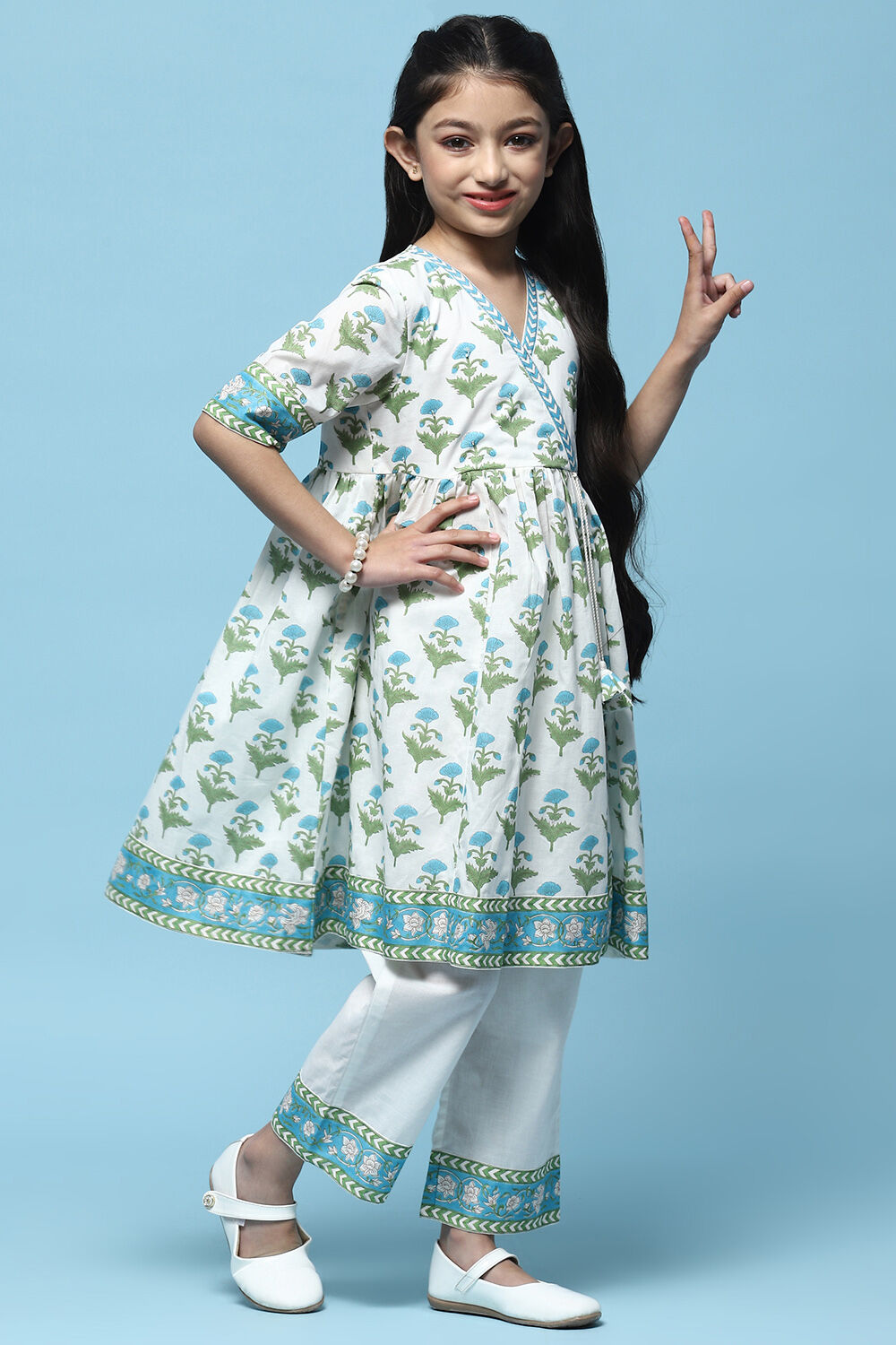 White Printed Cotton Flared Kurta With Straight Palazzo image number 5