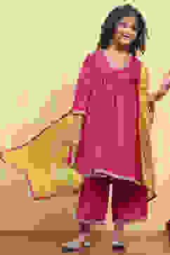 Pink Polyester Yarndyed Gathered Suit Set image number 7