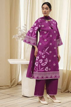Berry Purple Cotton Straight Suit Set image number 5