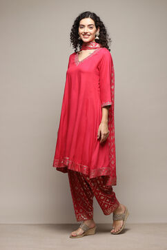 Fuchsia LIVA Kalidar Kurta Salwar Pant Suit Set image number 4