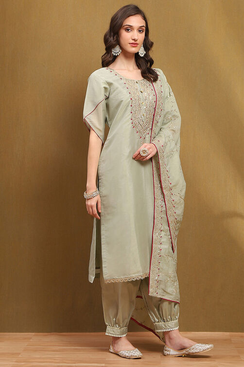 Green Tissue Machine Embroidered Unstitched Suit Set image number 3