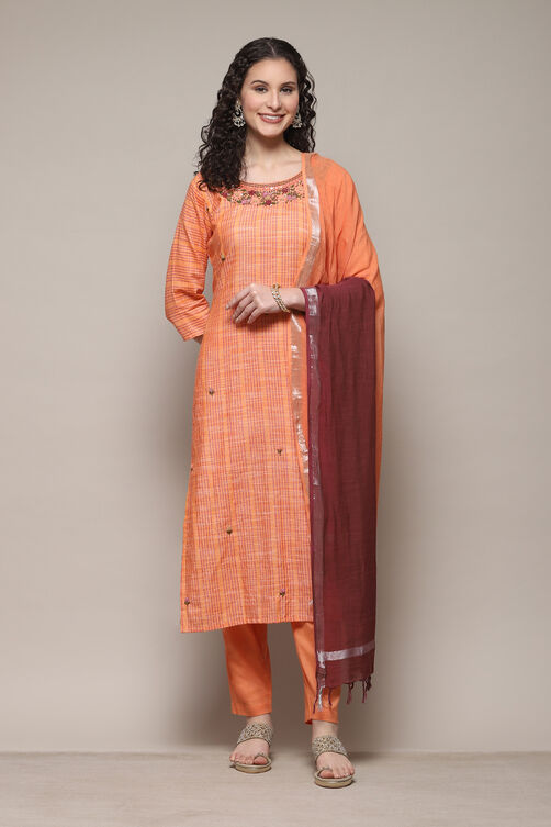 Peach Cotton Woven Unstitched Suit Set image number 1