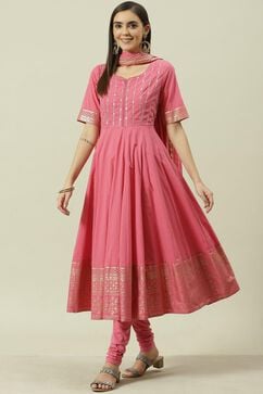 Pink Embroidered Cotton Anarkali Kurta Churidar Suit Set image number 0