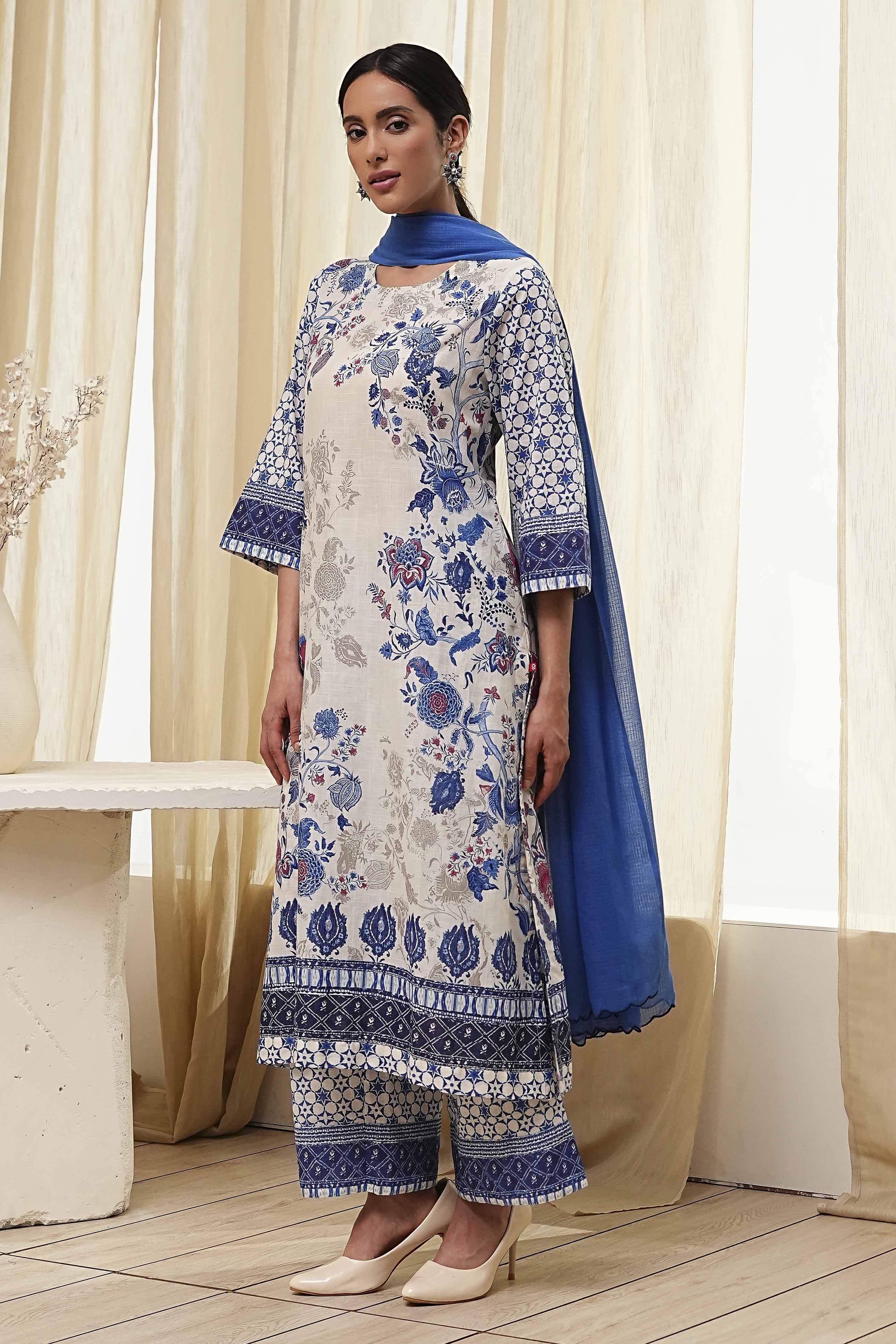 Off-White and Blue Cotton Straight Suit Set image number 3