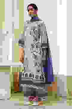 Off-White and Blue Cotton Straight Suit Set image number 3