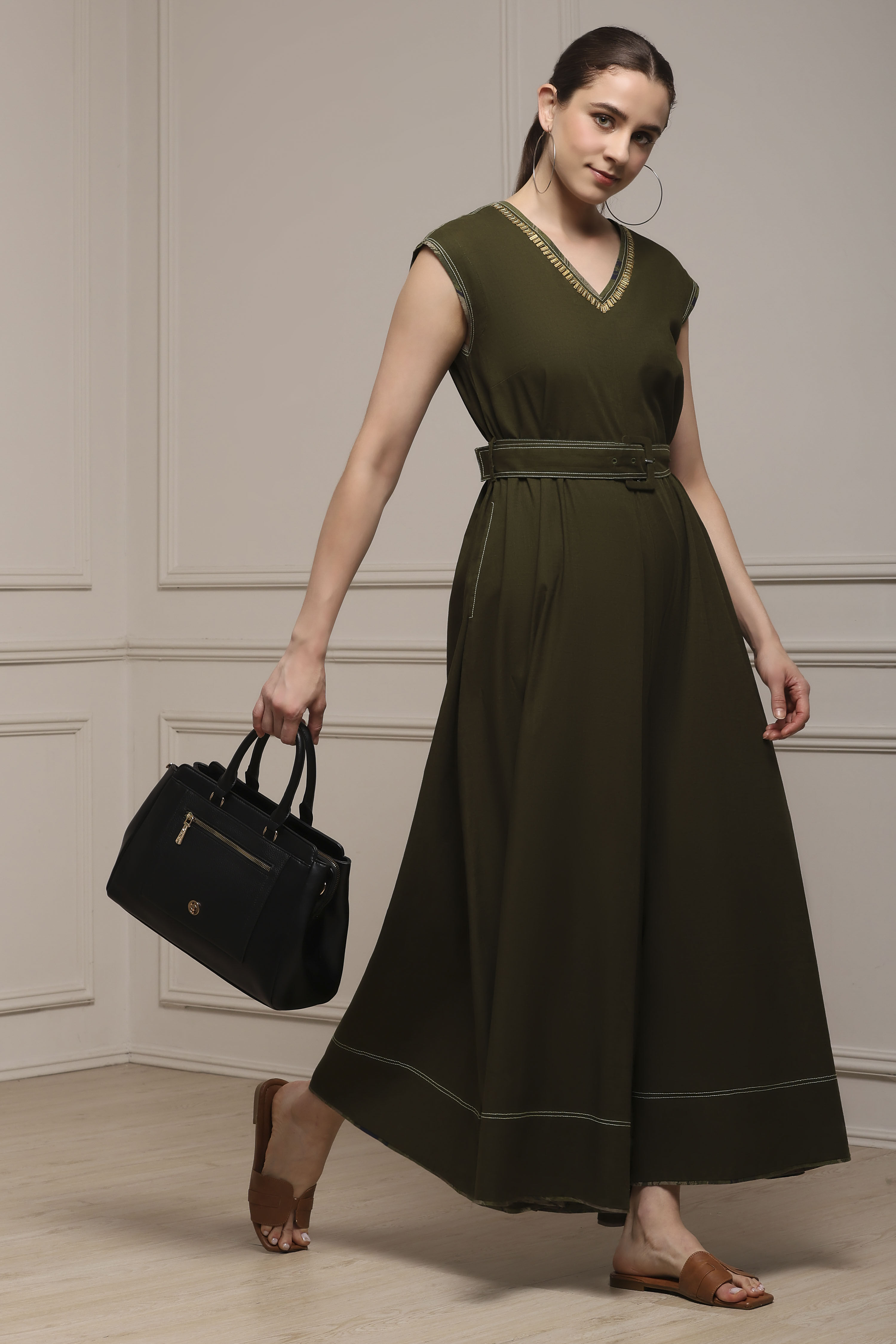 Olive Green Cotton Straight Solid Jumpsuit image number 0