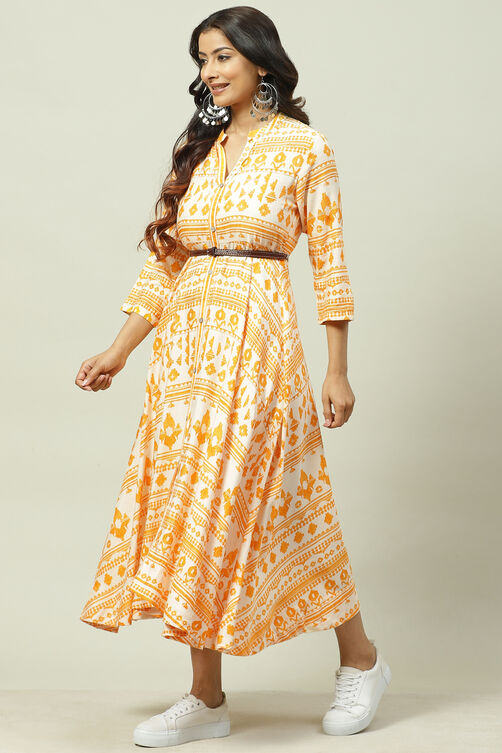 Mustard Rayon Asymmetric Fusion Dress image number 0