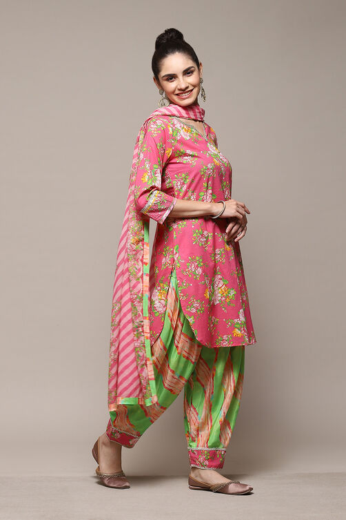 Pink & Green Cotton Straight Kurta Palazzo Suit Set image number 7