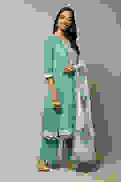 Turquoise Cotton Anarkali Kurta Palazzo Suit Set image number 5