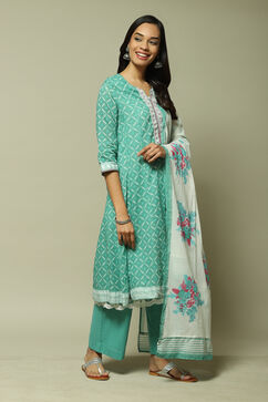 Turquoise Cotton Anarkali Kurta Palazzo Suit Set image number 5