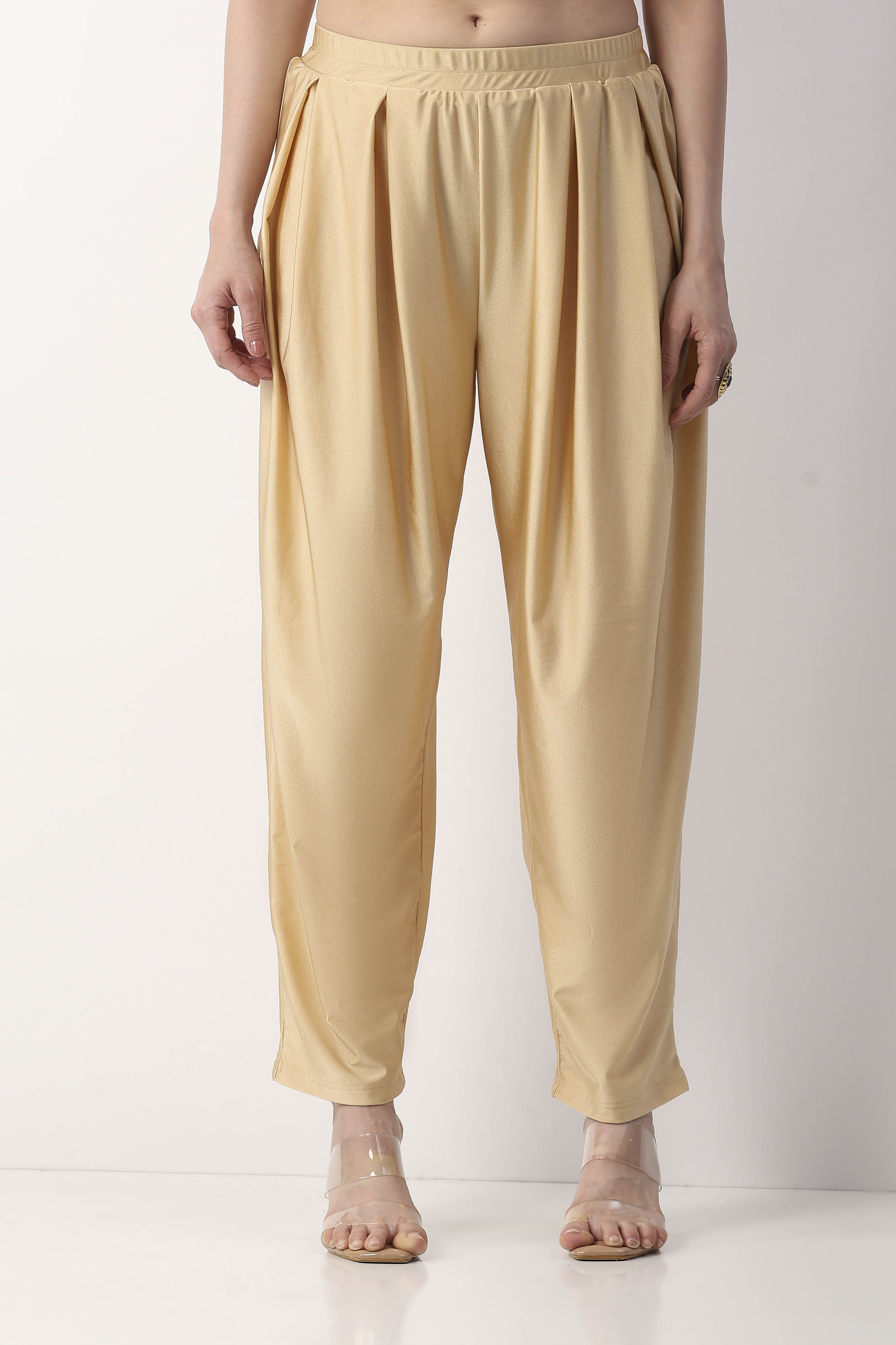 Gold Viscose Lycra Straight Solid Palazzos image number 5