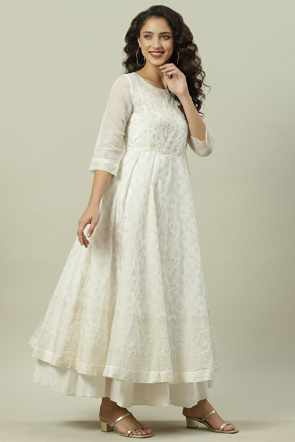 Off White Art Silk Anarkali Printed Dress image number 2